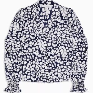 TOPSHOP Abstract Animal Print Puff Sleeve Shirt, Color Navy Multi, Size 10